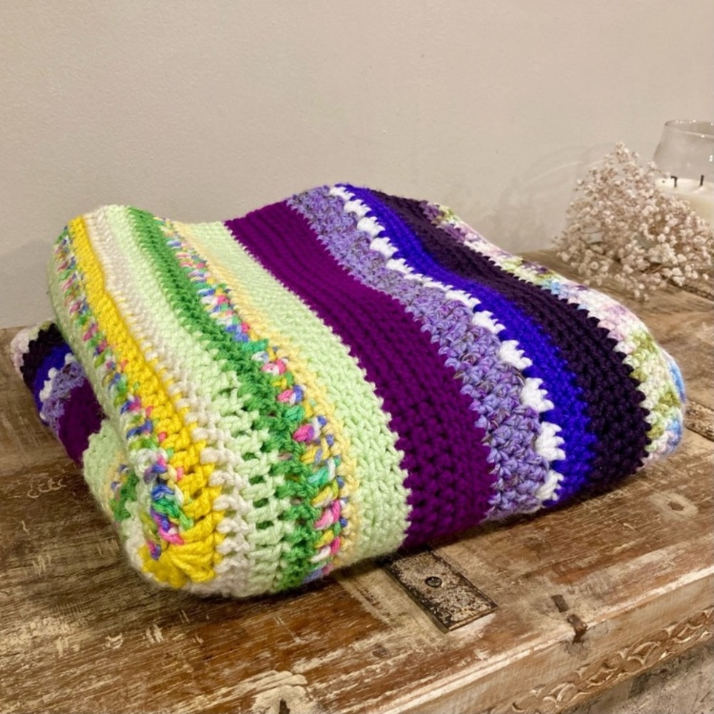 Small Handmade Crocheted Throw Blanket 54” x 52” Purple Green Yellow Pink